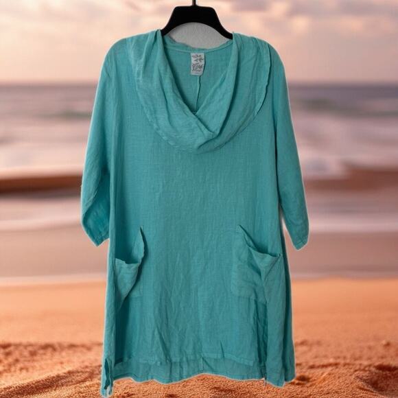 MatchPoint turquoise linen blend cowl neck tunic   L LAGENLOOK beachy minimalist - Picture 11 of 13